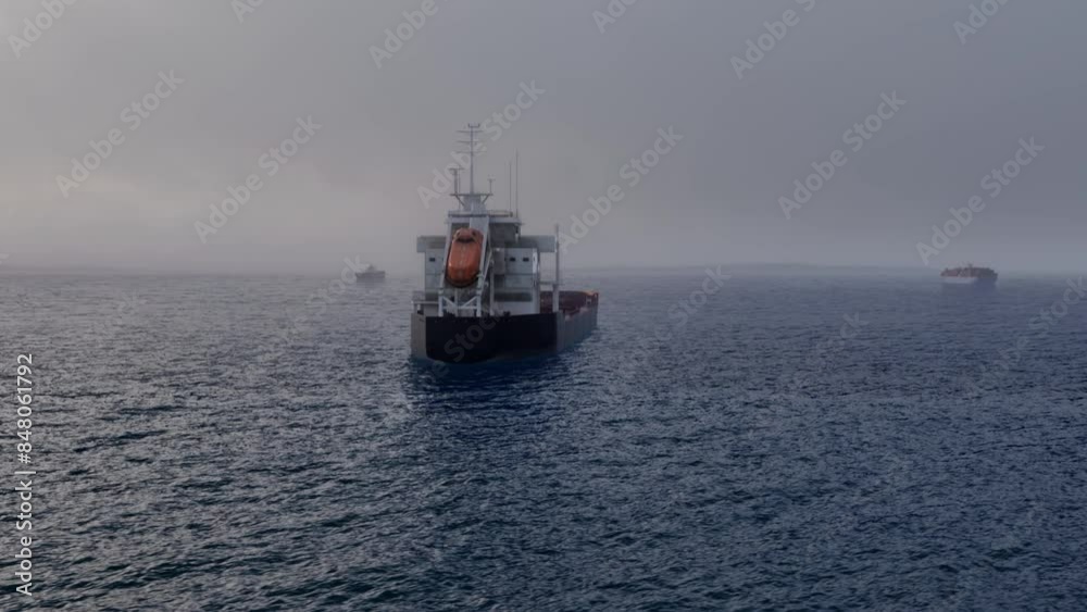 Cargo ships sail through misty seas, transporting freight with a mystical ambiance Cargo ships sail through misty seas, transporting freight with a mystical ambiance