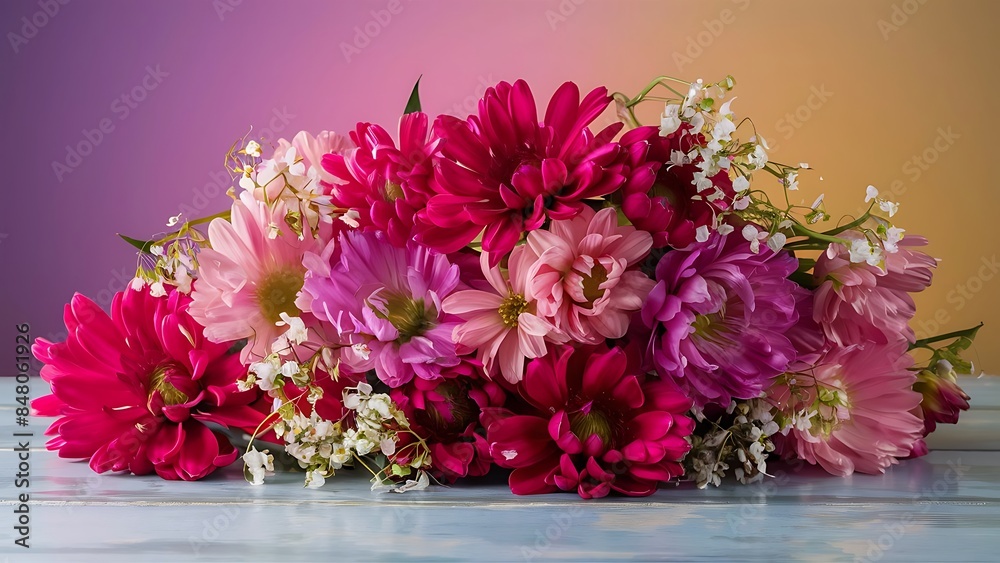 Composition with beautiful eustoma and gypsophila flowers on color background Composition with beautiful eustoma and gypsophila flowers on color background