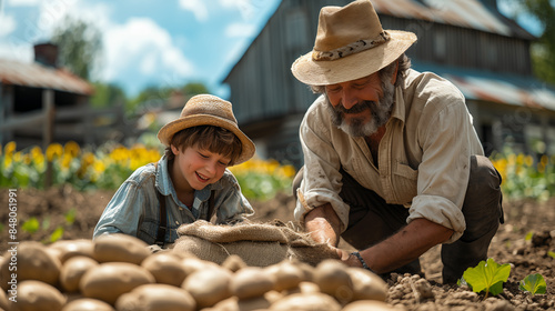 A man and his son were working in the potato field, wearing hats and trousers, carrying large bags of potatoes to convey joy.