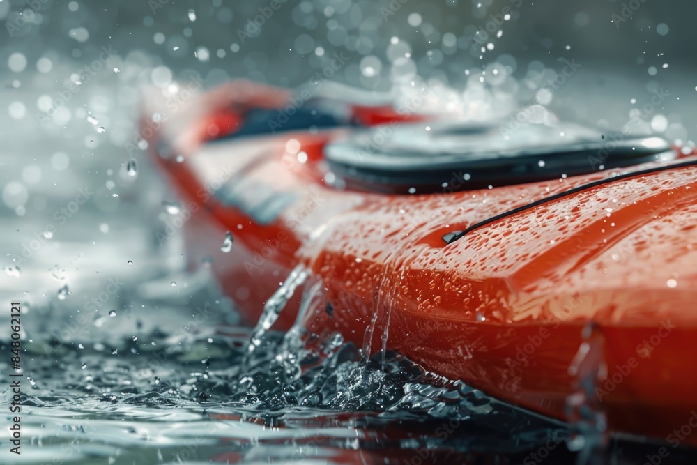 Fototapeta premium A close-up view of a bright red kayak floating on the surface of calm water, with ripples and reflections