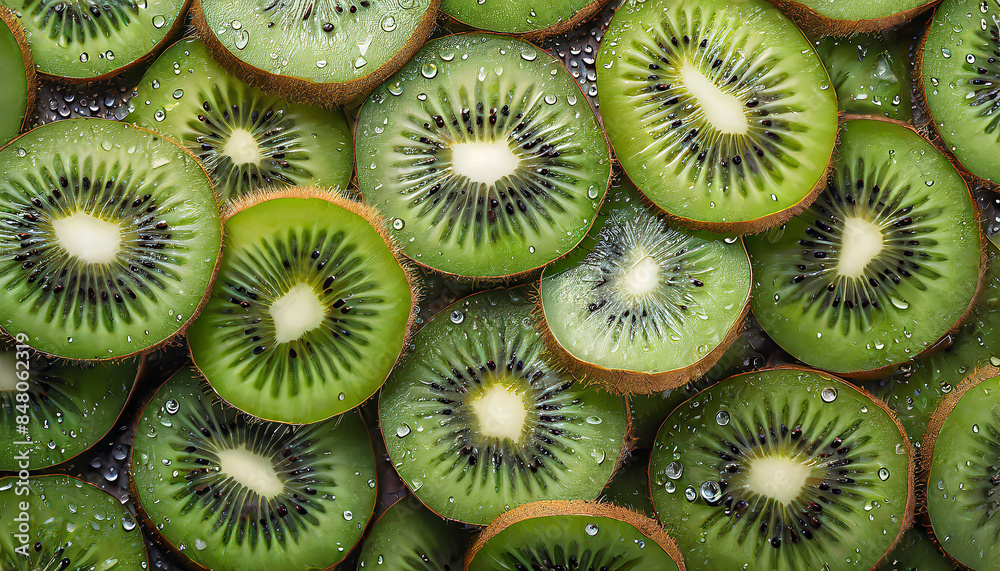 Green cut kiwi fruit slices, top view. Organic natural healthy food. Vegetarian diet Green cut kiwi fruit slices, top view. Organic natural healthy food. Vegetarian diet