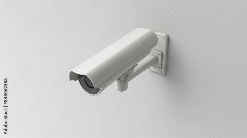 Highly detailed model of a modern surveillance camera mounted on a plain white background, showcasing security technology. Highly detailed model of a modern surveillance camera mounted on a plain white background, showcasing security technology.