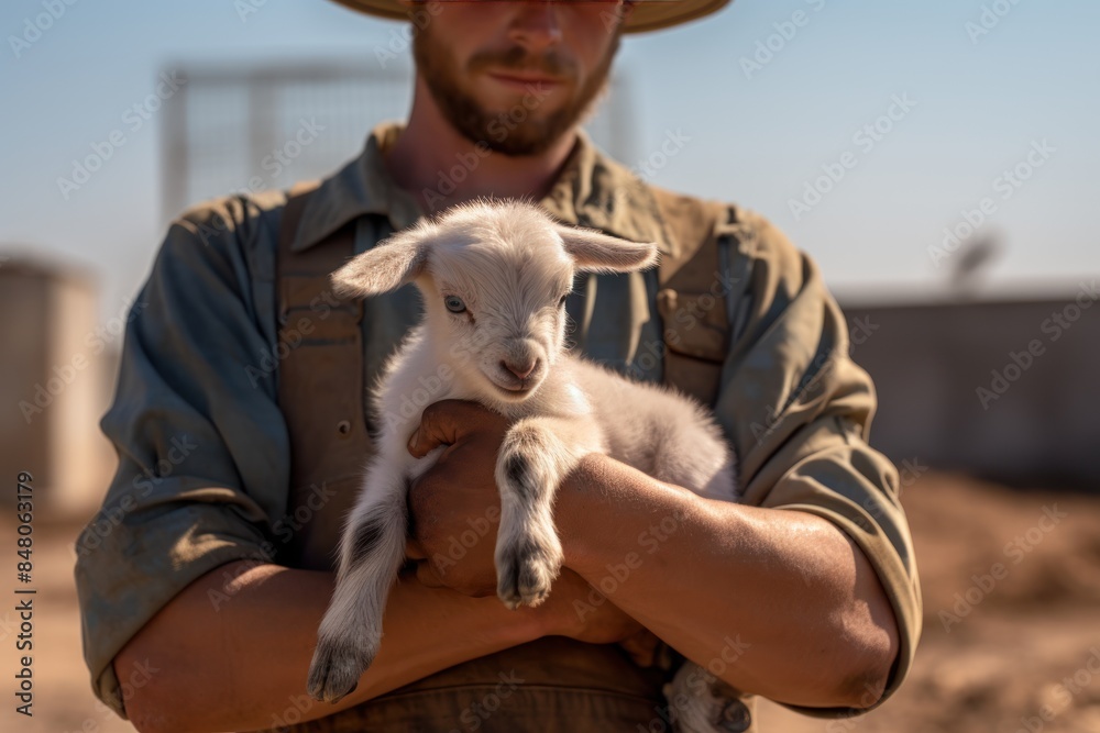 Worker holding kid goat on farm Worker holding kid goat on farm