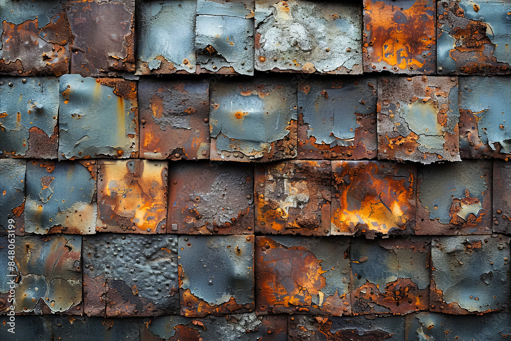 A close up of rusty metal tiles.