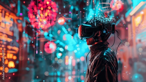 Immersive Digital Innovation: Person with Virtual Headset in Robotic Tech Environment