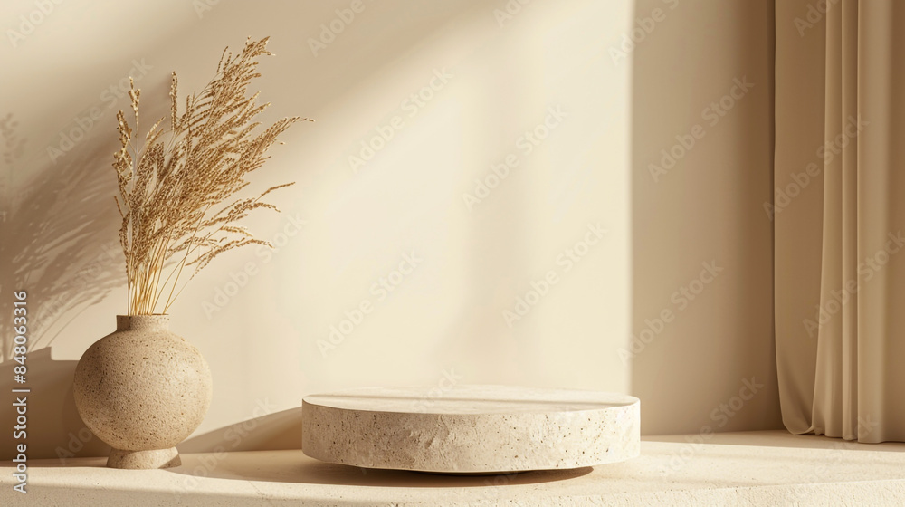 Empty gypsum stone platform eco podium on beige copy space background. Minimal still-life display product presentation scene.
Empty gypsum stone platform eco podium on beige copy space background. Minimal still-life display product presentation scene.