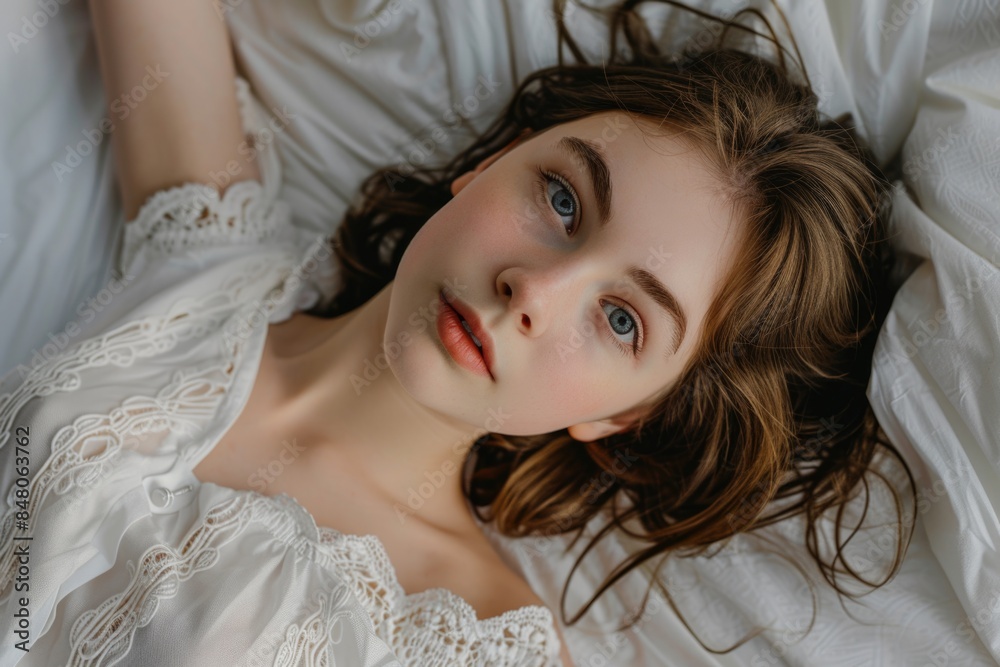 A young girl is lying on a bed wearing a white dress A young girl is lying on a bed wearing a white dress