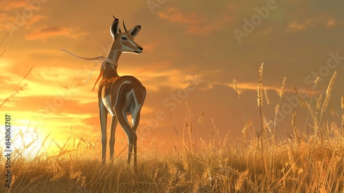 A single gazelle stands in tall grass with a sunset behind it. photo