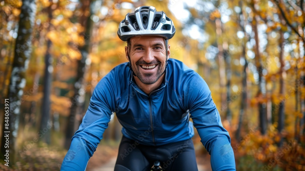 Smiling man in blue cycling gear biking through a scenic autumn forest with vibrant fall foliage, enjoying outdoor adventure and exercise. Smiling man in blue cycling gear biking through a scenic autumn forest with vibrant fall foliage, enjoying outdoor adventure and exercise.