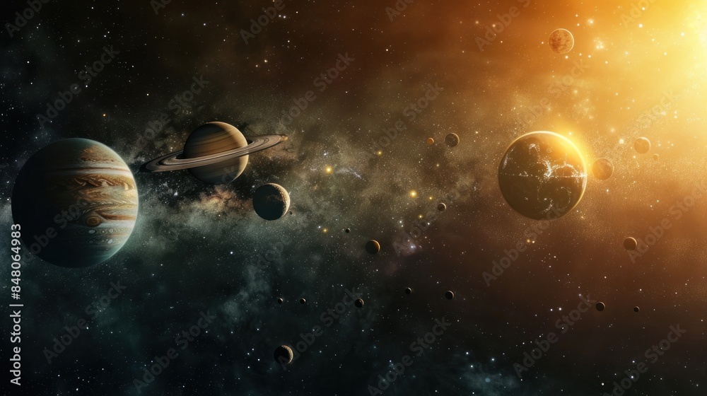 A Star System with a Ringed Planet and a Golden Sun A Star System with a Ringed Planet and a Golden Sun