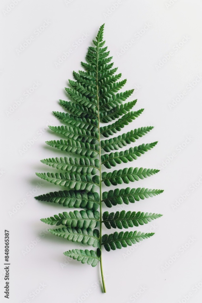 A single green fern leaf sits on a white surface, showcasing its delicate features A single green fern leaf sits on a white surface, showcasing its delicate features