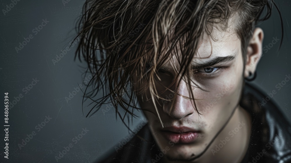 A close-up shot of a person wearing a leather jacket, with focus on the details of the clothing and accessories A close-up shot of a person wearing a leather jacket, with focus on the details of the clothing and accessories