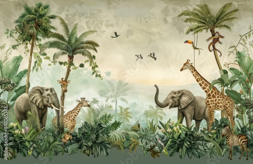 A jungle wall mural with animals, giraffes and elephants in the foreground, palm trees, zebras at the bottom