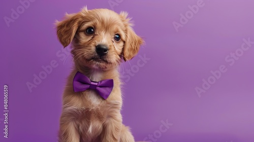 Adorable golden puppy wearing a purple bowtie sits on a purple background.