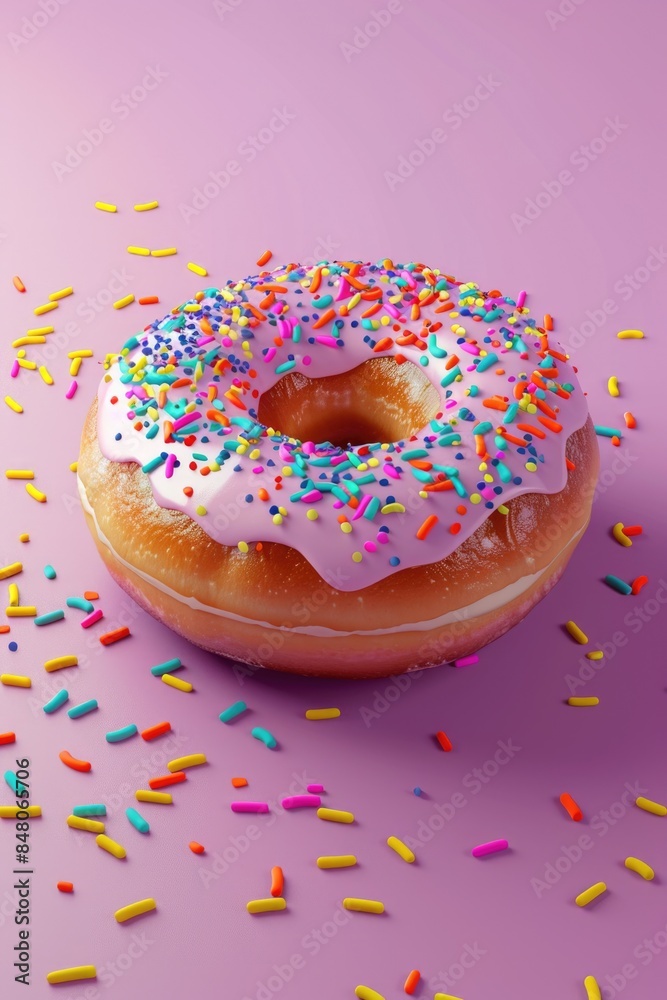 A colorful image of a doughnut with sprinkles on a pink surface, perfect for food and dessert-related uses A colorful image of a doughnut with sprinkles on a pink surface, perfect for food and dessert-related uses