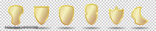 Set of realistic golden heraldic shields. Vector illustration.