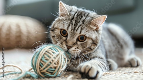 A playful tabby cat looks intently at a yarn ball in its paws. photo
