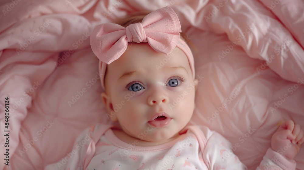 A close-up shot of a baby with a pink bow tied around her head, a sweet and adorable moment A close-up shot of a baby with a pink bow tied around her head, a sweet and adorable moment