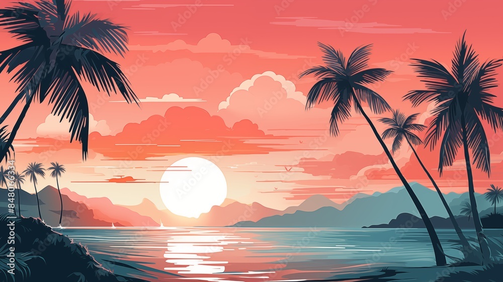 Obraz premium Spectacular Tropical Sunset Over a Calm Ocean with Palm Trees