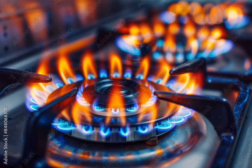 A closeup shot of a gas stove with vibrant blue and orange flames dancing above the circular gas ring. The photo captures the intricate details of the burner and the intensity of t A closeup shot of a gas stove with vibrant blue and orange flames dancing above the circular gas ring. The photo captures the intricate details of the burner and the intensity of t