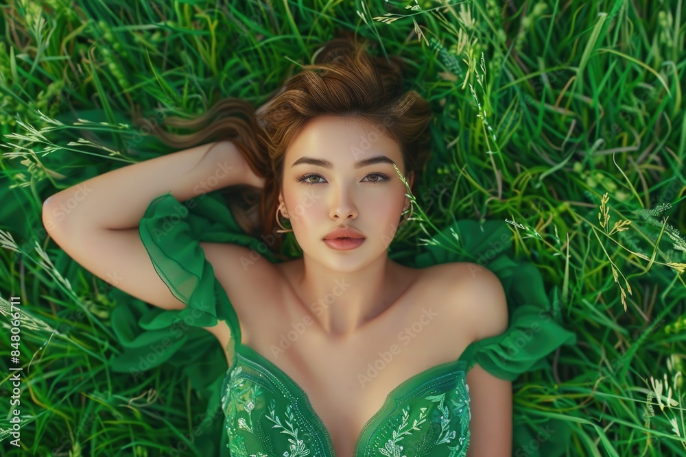 A woman wearing a green dress is relaxing on the grass, possibly enjoying a picnic or a day outdoors A woman wearing a green dress is relaxing on the grass, possibly enjoying a picnic or a day outdoors