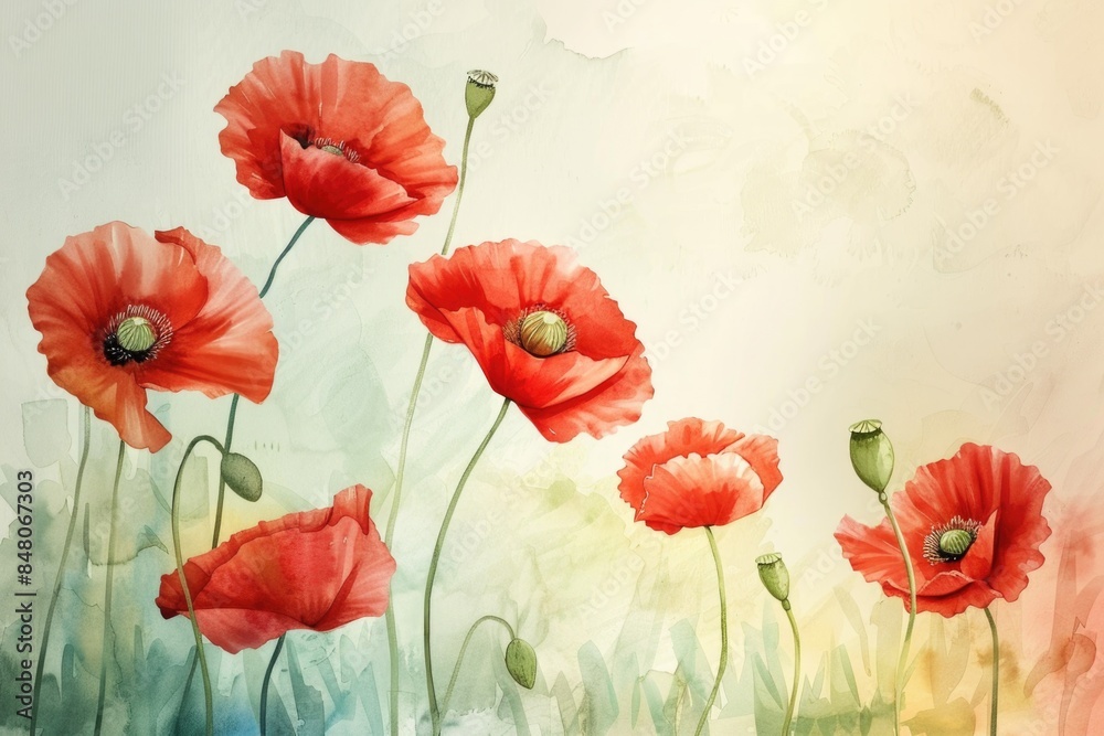Obraz premium A bouquet of red poppies grows in a lush green field, perfect for use as a decorative image or in a design project