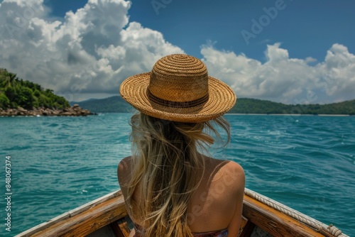A woman relaxing on a boat wearing a straw hat, suitable for summer vacation or travel images
