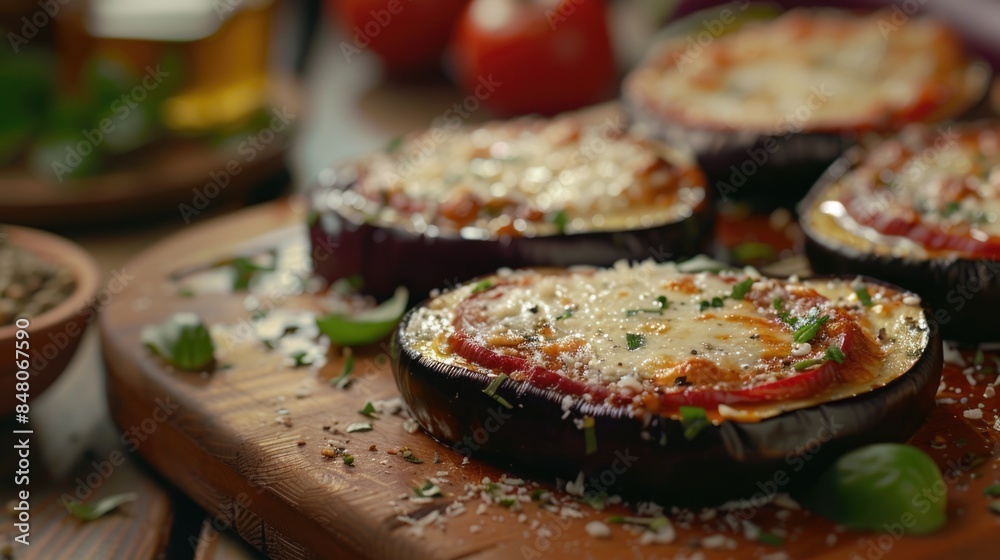 A rustic wooden cutting board topped with sliced eggplant and melted cheese, ideal for serving as an appetizer or side dish A rustic wooden cutting board topped with sliced eggplant and melted cheese, ideal for serving as an appetizer or side dish