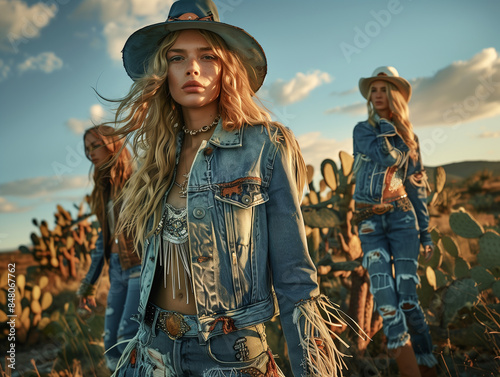 Portrait of woman in cowboy attire stands amidst a windswept field