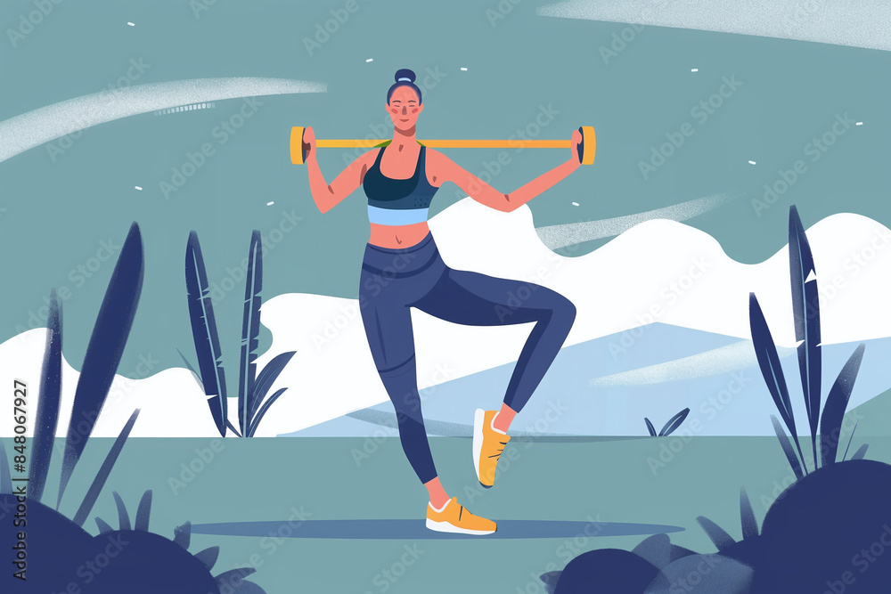 flat vector illustration of woman stretching and working out outdoors flat vector illustration of woman stretching and working out outdoors