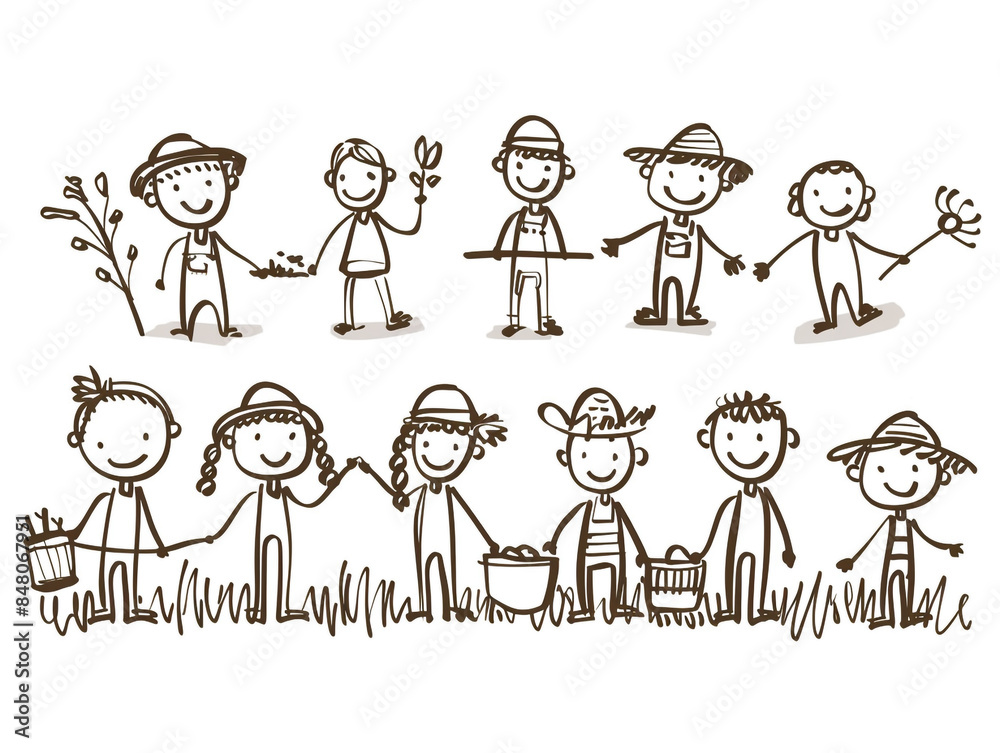 Hand drawn of happy farmers in stick figure illustration style. Isolated on a white background. Hand drawn of happy farmers in stick figure illustration style. Isolated on a white background.
