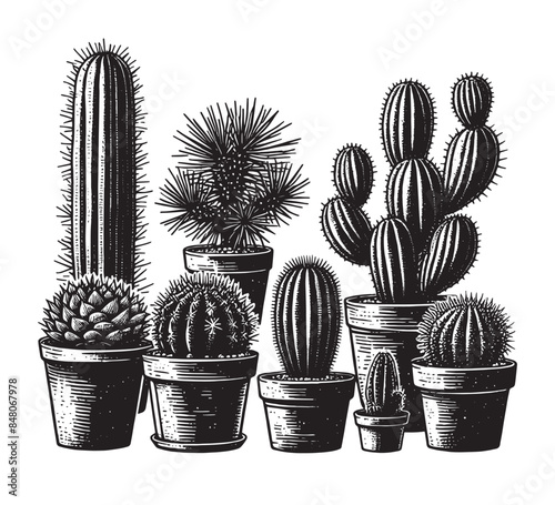 Cactus in a pot set. Different types. Vintage black engraving illustration. Monochrome vector icon. Isolated and cut out	