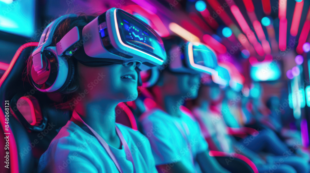 A group of children wearing VR headsets, deeply engaged in an immersive virtual reality gaming experience. A group of children wearing VR headsets, deeply engaged in an immersive virtual reality gaming experience.