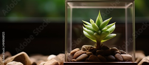 Close up of Cathedral Window Haworthia or Haworthia Cymbiformis focusing on the flower bud and blurred green foliage against brown pebble background. Creative banner. Copyspace image photo