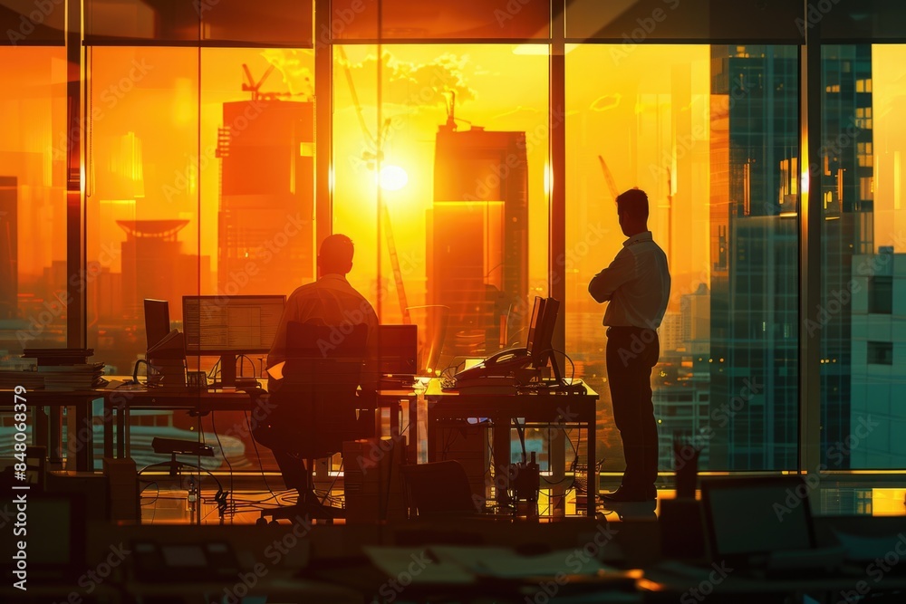 Two men sitting and looking out the window, possibly contemplating or discussing something Two men sitting and looking out the window, possibly contemplating or discussing something