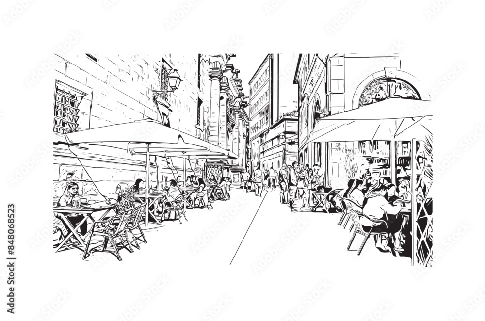 Obraz premium Print Building view with landmark of Santiago de Compostela is the city in Spain. Hand drawn sketch illustration in vector.