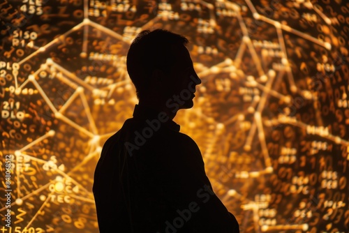 A man stands in front of a wall filled with numbers, perfect for financial or analytical concepts photo