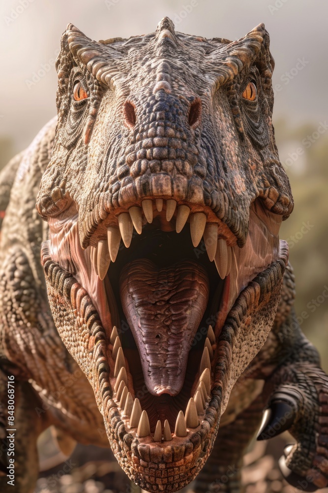Obraz premium A close-up shot of a dinosaur's mouth open, ready to roar