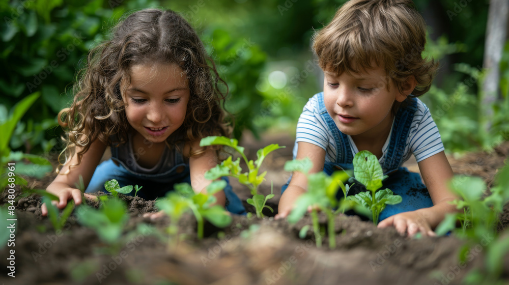 Two young children happily planting seedlings in a garden, learning about nature and sustainable living.