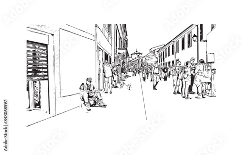Print Building view with landmark of 
Santiago de Compostela is the city in Spain. Hand drawn sketch illustration in vector.