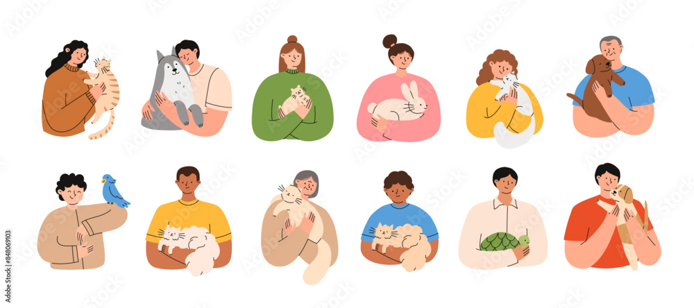 Set of people holding their pets. Happy domestic animal owners. Pet lowers concept. Flat vector illustration isolated on a white background. Set of people holding their pets. Happy domestic animal owners. Pet lowers concept. Flat vector illustration isolated on a white background.