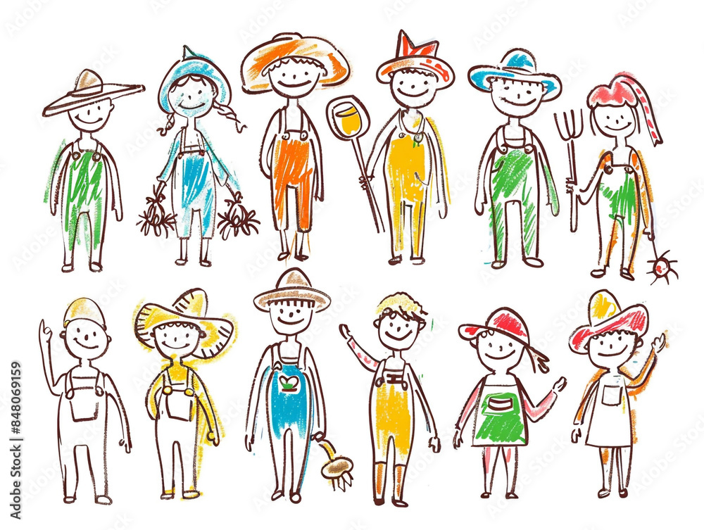 Hand drawn of happy farmers in stick figure illustration style. Isolated on a white background. Hand drawn of happy farmers in stick figure illustration style. Isolated on a white background.