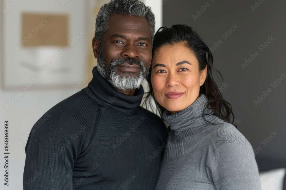 Portrait of a tender multiethnic couple in their 40s showing off a lightweight base layer in front of stylized simple home office background Portrait of a tender multiethnic couple in their 40s showing off a lightweight base layer in front of stylized simple home office background