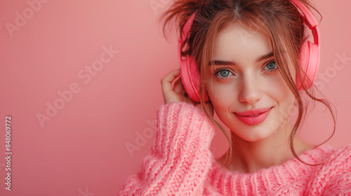 A Beautiful woman listening to music through wireless headphones. She poses joyfully, her eyes wide open and sparkling with happiness, reflecting the pure delight she feels from the music © SKT Studio