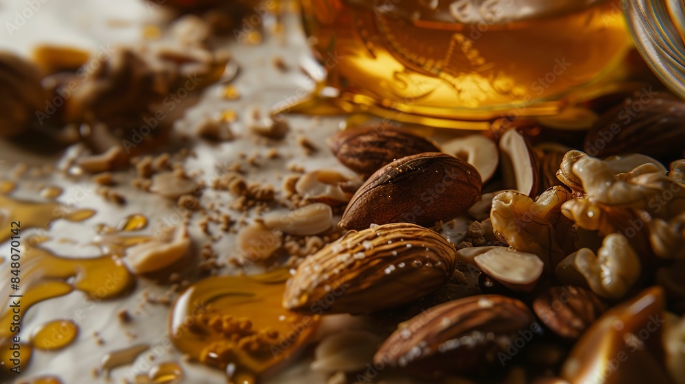 Organic honey and nuts display, close-up shot, no people, focus on glossy and rough textures. Organic honey and nuts display, close-up shot, no people, focus on glossy and rough textures.