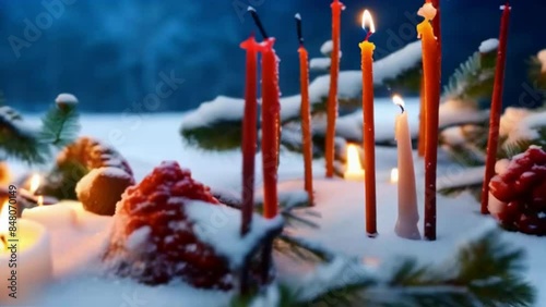 Long red candles stuck in the snow around needles, pinecones, winter scenery. photo
