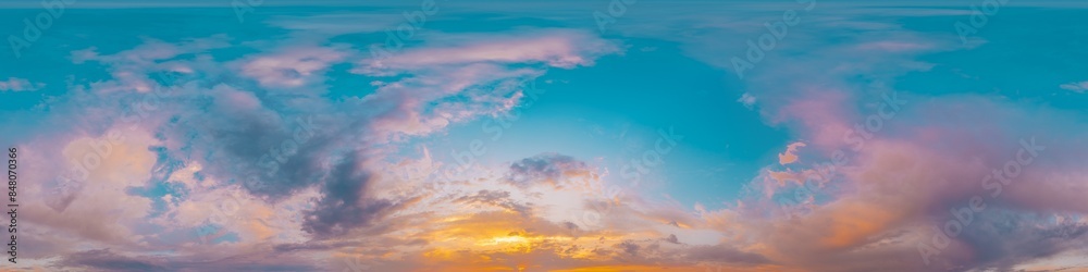 Sunset sky panorama with bright glowing pink Cumulus clouds. HDR 360 seamless spherical panorama. Full zenith or sky dome in 3D, sky replacement for aerial drone panoramas. Climate and weather change. Sunset sky panorama with bright glowing pink Cumulus clouds. HDR 360 seamless spherical panorama. Full zenith or sky dome in 3D, sky replacement for aerial drone panoramas. Climate and weather change.