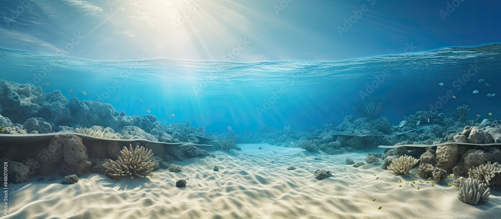 Naklejka premium Sandy sea bottom Underwater background. Creative banner. Copyspace image