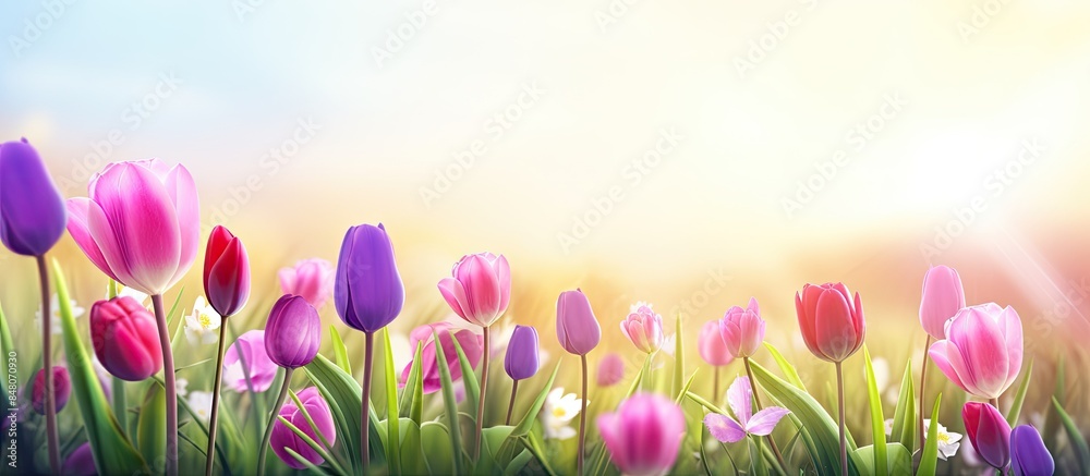 Violet tulips in spring Season. Creative banner. Copyspace image Violet tulips in spring Season. Creative banner. Copyspace image