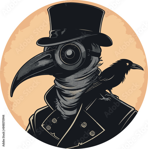 Plague Doctor, Illustration of a plague doctor in traditional costume with a beak mask and a raven perched on their shoulder against a warm backdrop, Adobe Illustrator Artwork